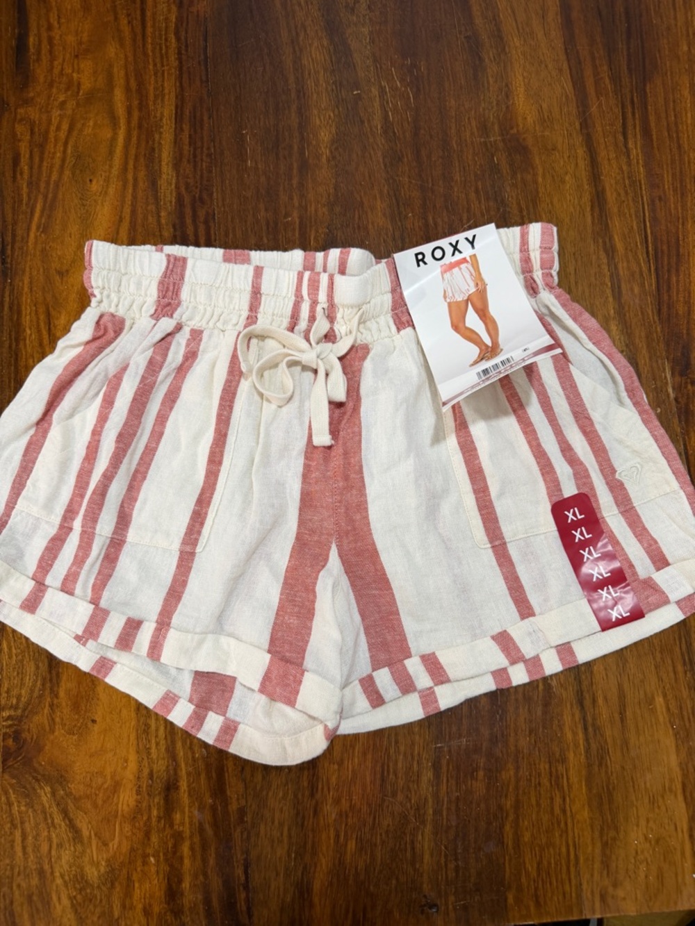 Roxy Striped Pink and Cream Drawstring Athletic Shorts